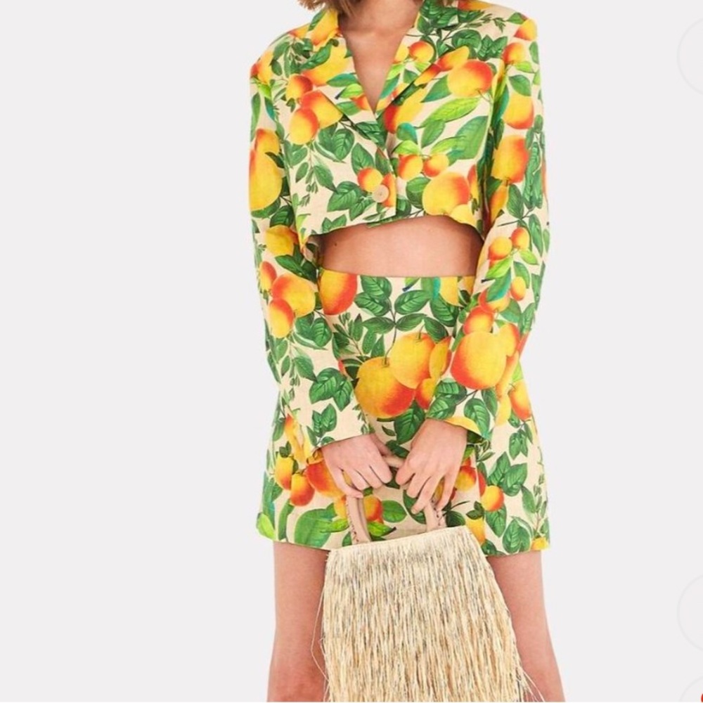 Farm Rio Oranges linen crop jacket and skirt XS